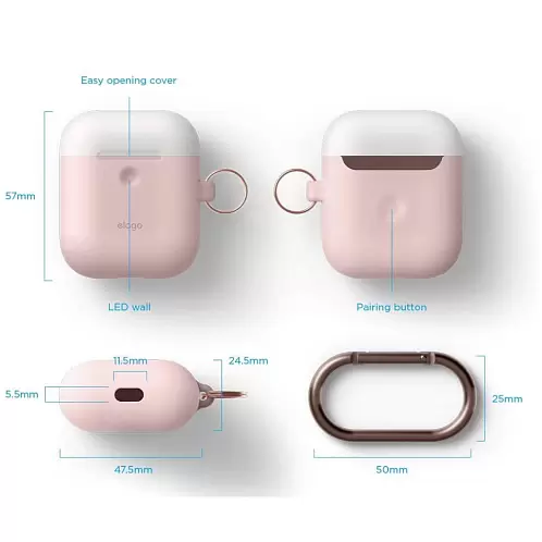 Чехол Elago DUO Hang Wireless case для AirPods, карабин, силикон, розовый с крышками белый и голубой