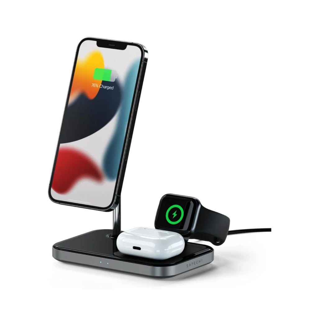 Купить Беспроводное зарядное устройство Satechi Magnetic 3-in-1 Wireless  Charging Stand, AL, серый космос в Москве в сети магазинов iShop