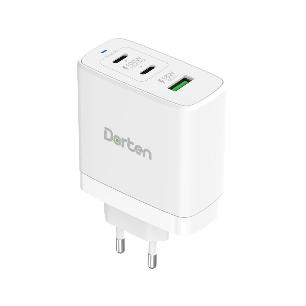 Купить Сетевое зарядное устройство Dorten 3-Port USB Smart ID 100W GaN,  PD3.0/PPS+QC3.0, белый в Москве в сети магазинов iShop