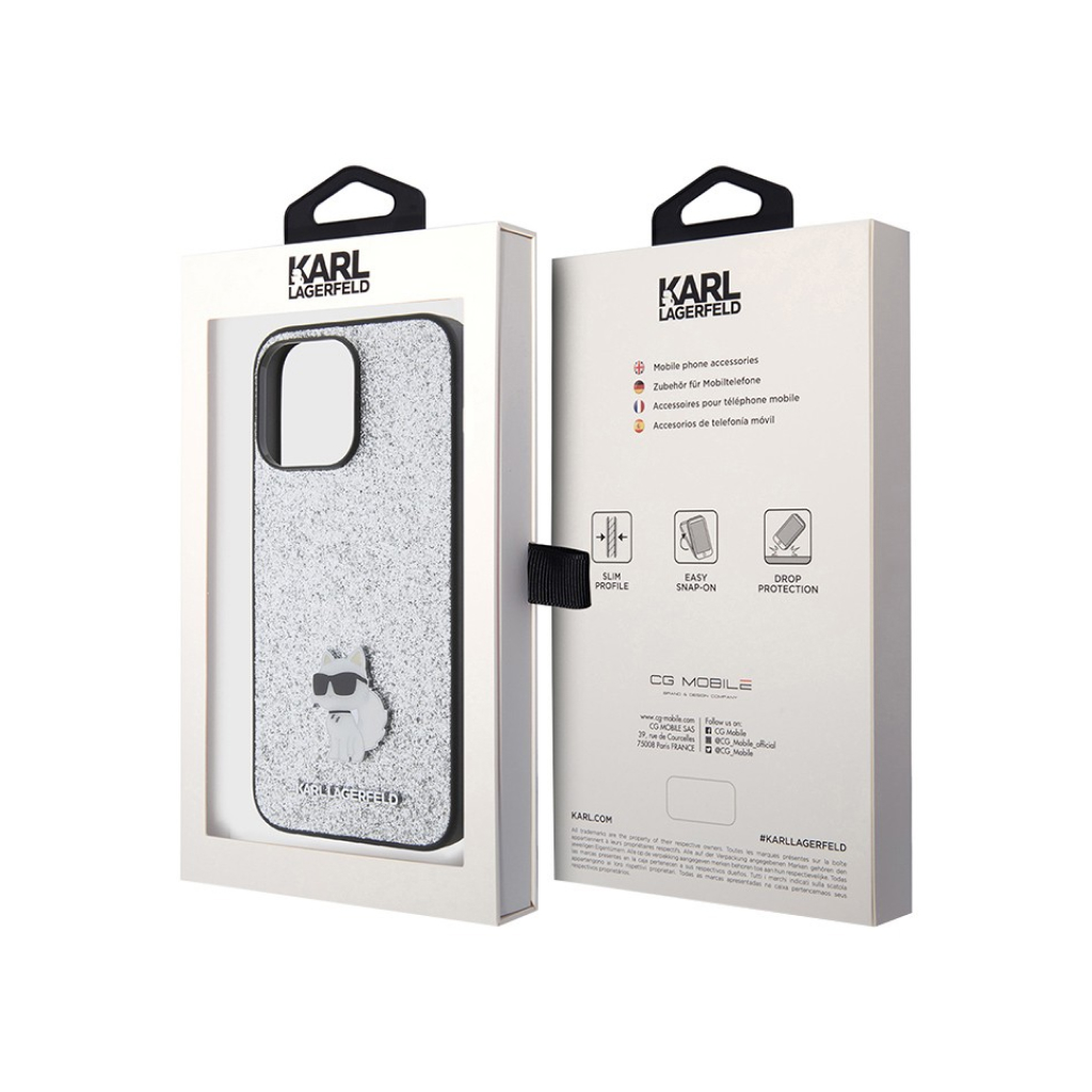 Купить Чехол Lagerfeld для iPhone 15 Pro Max Fixed glitters NFT Choupette  Metal pin Hard Silver в Москве в сети магазинов iShop