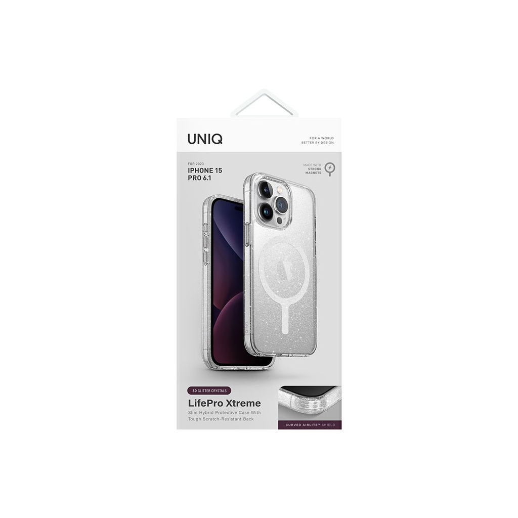 Чехол Uniq для iPhone 15 Pro Lifepro Xtreme, MagSafe, прозрачный/мишура