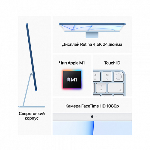iMac 24" Retina 4,5K, (M1 8C CPU, 8C GPU), 8 Гб, 256 Гб SSD, синий
