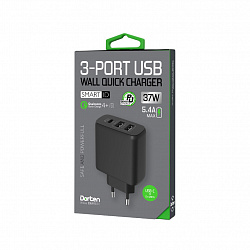 Сетевое зарядное устройство Dorten 3-Port USB Smart ID 37W Wall QC: QC4+/PD3.0+2.4A, черный